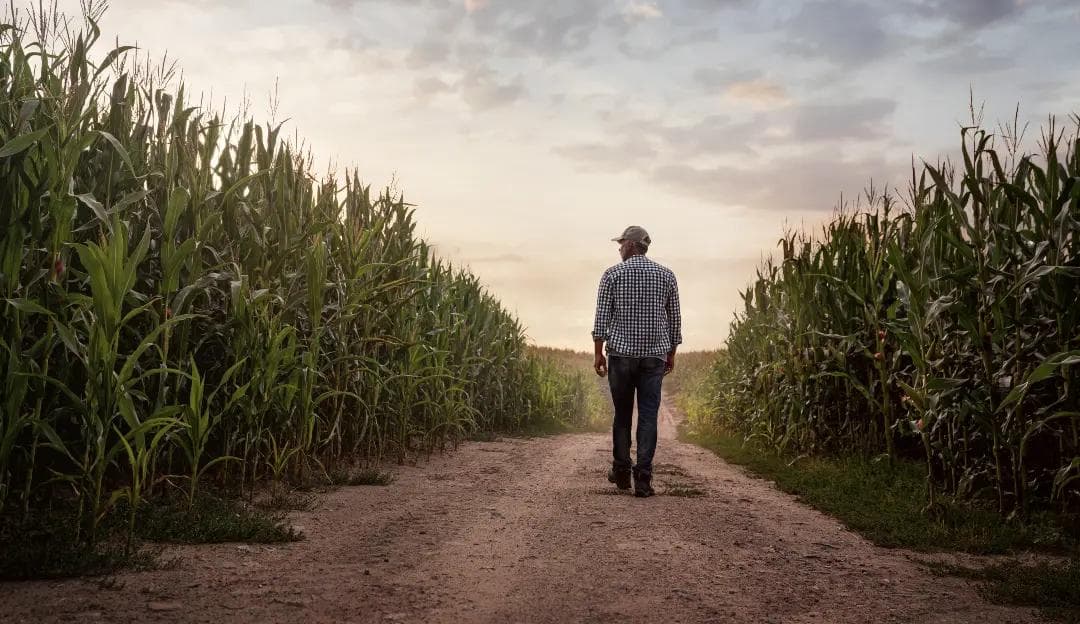 farmer walking down dirt road in field